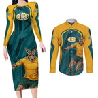 Personalized Wallabies Rugby Couples Matching Long Sleeve Bodycon Dress and Long Sleeve Button Shirt Australian Wallaby Kangaroo Team Graphic