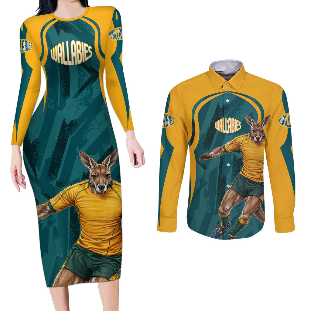 Personalized Wallabies Rugby Couples Matching Long Sleeve Bodycon Dress and Long Sleeve Button Shirt Australian Wallaby Kangaroo Team Graphic