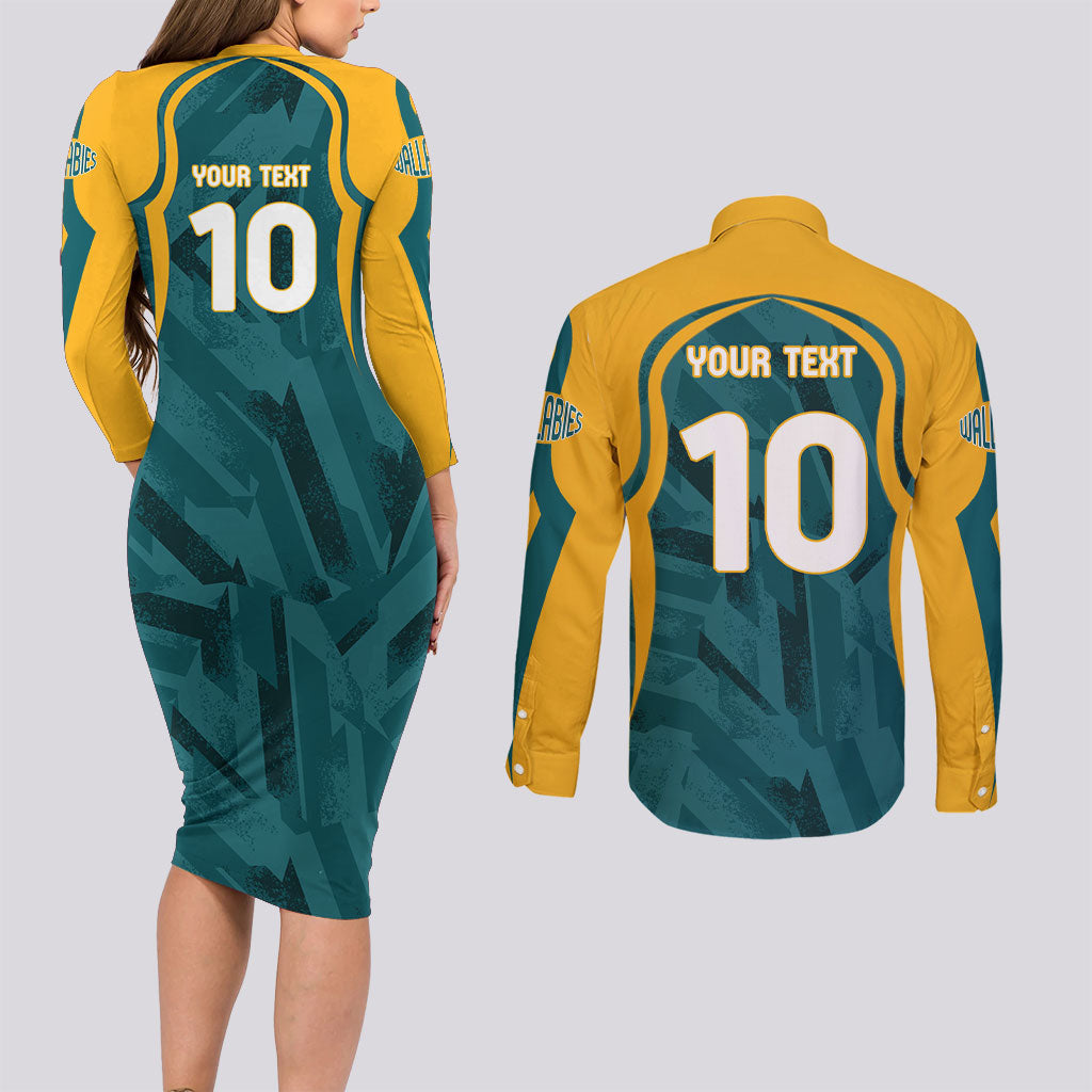 Personalized Wallabies Rugby Couples Matching Long Sleeve Bodycon Dress and Long Sleeve Button Shirt Australian Wallaby Kangaroo Team Graphic
