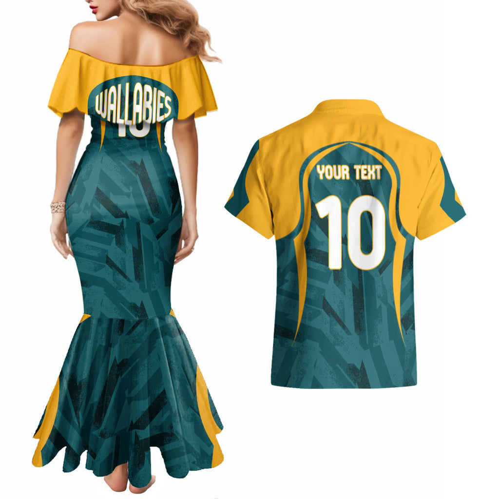 Personalized Wallabies Rugby Couples Matching Mermaid Dress and Hawaiian Shirt Australian Wallaby Kangaroo Team Graphic