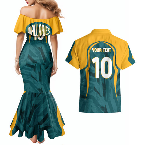Personalized Wallabies Rugby Couples Matching Mermaid Dress and Hawaiian Shirt Australian Wallaby Kangaroo Team Graphic