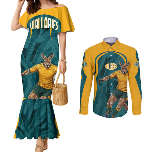 Personalized Wallabies Rugby Couples Matching Mermaid Dress and Long Sleeve Button Shirt Australian Wallaby Kangaroo Team Graphic