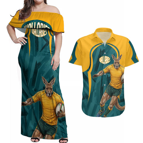 Personalized Wallabies Rugby Couples Matching Off Shoulder Maxi Dress and Hawaiian Shirt Australian Wallaby Kangaroo Team Graphic