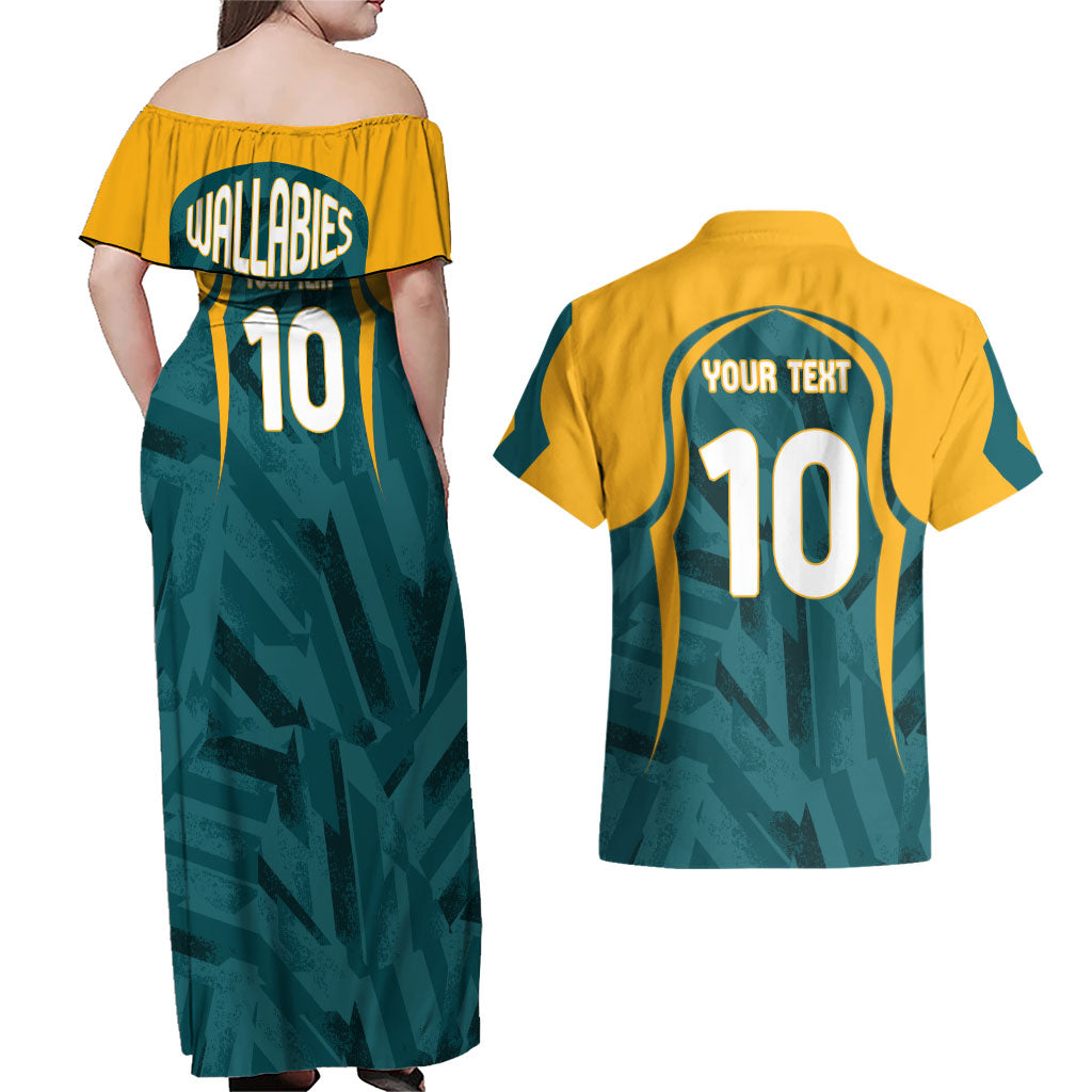 Personalized Wallabies Rugby Couples Matching Off Shoulder Maxi Dress and Hawaiian Shirt Australian Wallaby Kangaroo Team Graphic