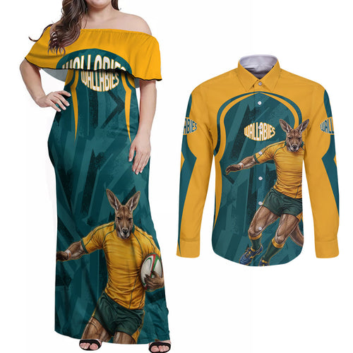 Personalized Wallabies Rugby Couples Matching Off Shoulder Maxi Dress and Long Sleeve Button Shirt Australian Wallaby Kangaroo Team Graphic