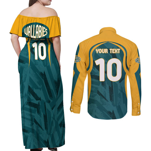Personalized Wallabies Rugby Couples Matching Off Shoulder Maxi Dress and Long Sleeve Button Shirt Australian Wallaby Kangaroo Team Graphic