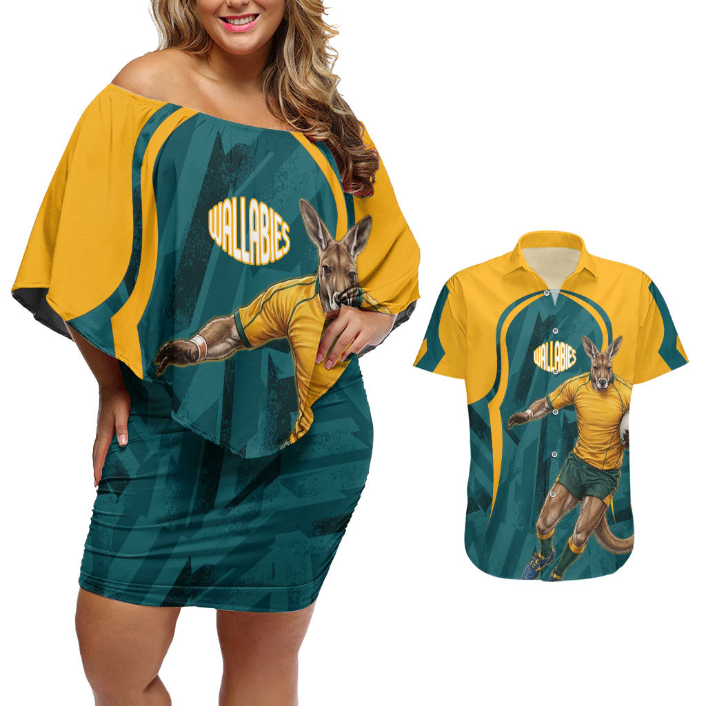 Personalized Wallabies Rugby Couples Matching Off Shoulder Short Dress and Hawaiian Shirt Australian Wallaby Kangaroo Team Graphic