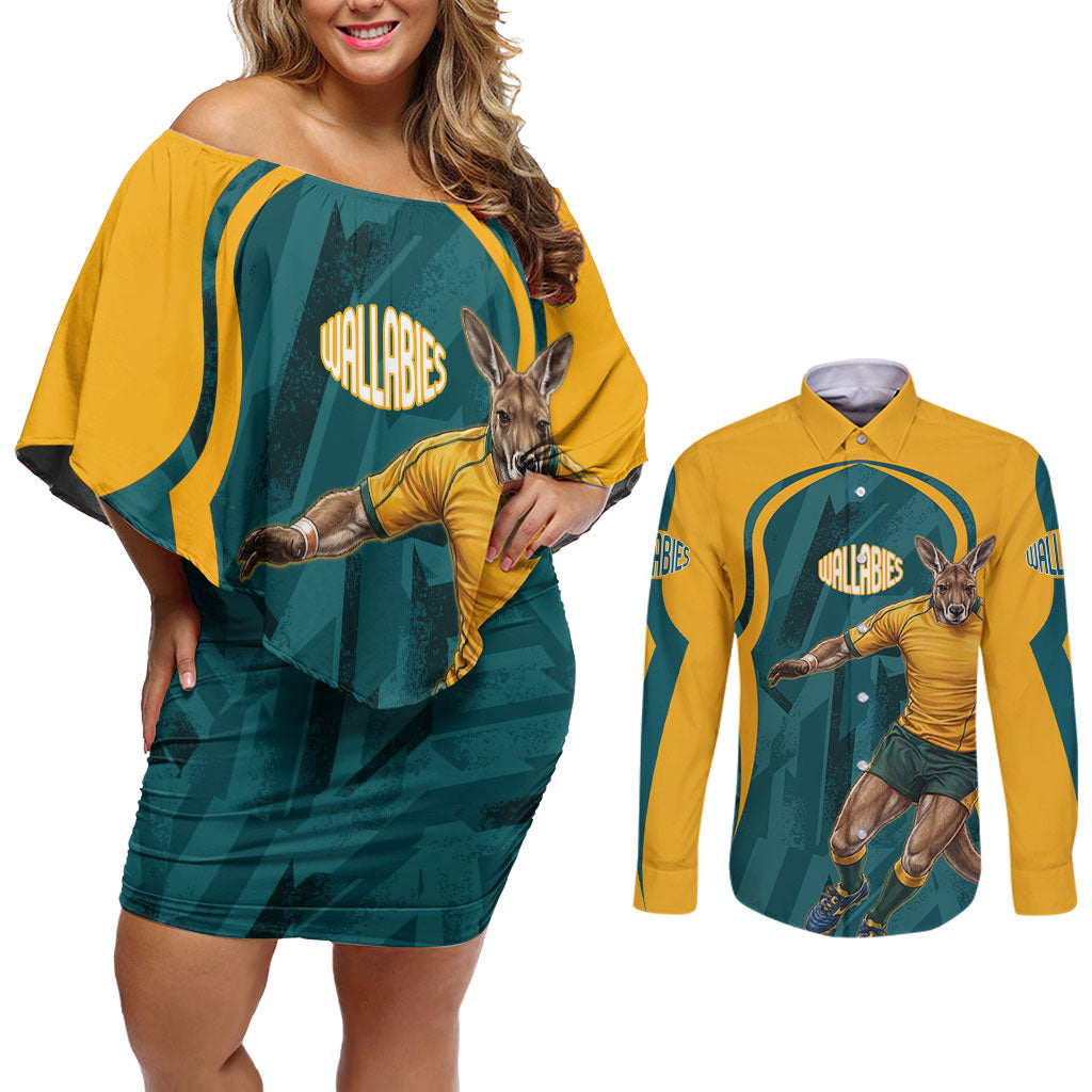 Personalized Wallabies Rugby Couples Matching Off Shoulder Short Dress and Long Sleeve Button Shirt Australian Wallaby Kangaroo Team Graphic