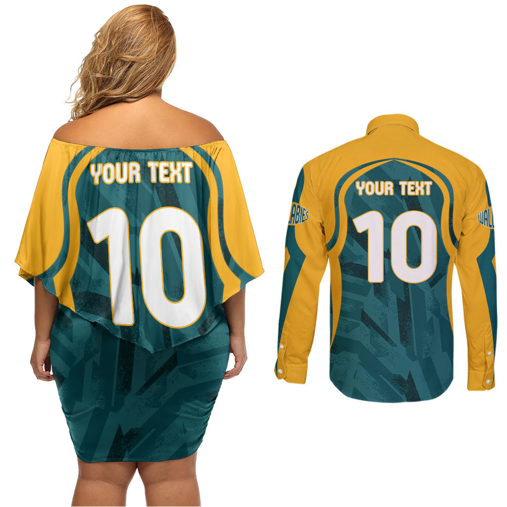 Personalized Wallabies Rugby Couples Matching Off Shoulder Short Dress and Long Sleeve Button Shirt Australian Wallaby Kangaroo Team Graphic