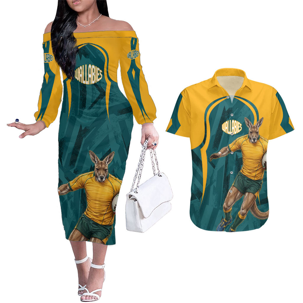 Personalized Wallabies Rugby Couples Matching Off The Shoulder Long Sleeve Dress and Hawaiian Shirt Australian Wallaby Kangaroo Team Graphic