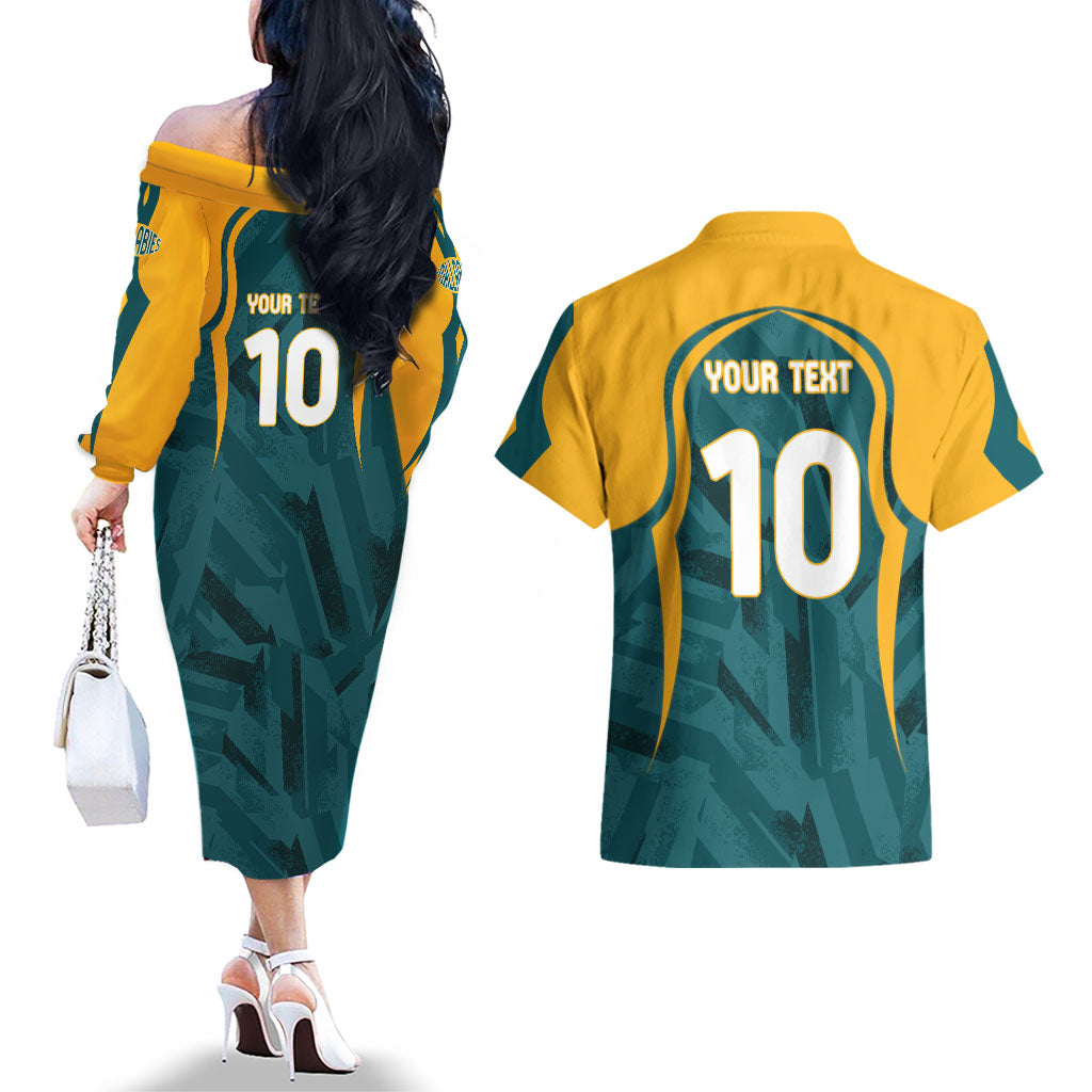 Personalized Wallabies Rugby Couples Matching Off The Shoulder Long Sleeve Dress and Hawaiian Shirt Australian Wallaby Kangaroo Team Graphic