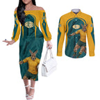 Personalized Wallabies Rugby Couples Matching Off The Shoulder Long Sleeve Dress and Long Sleeve Button Shirt Australian Wallaby Kangaroo Team Graphic