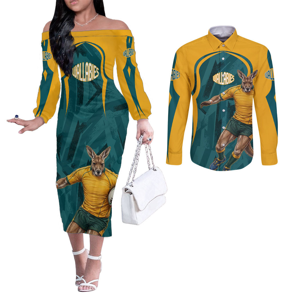 Personalized Wallabies Rugby Couples Matching Off The Shoulder Long Sleeve Dress and Long Sleeve Button Shirt Australian Wallaby Kangaroo Team Graphic