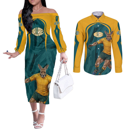 Personalized Wallabies Rugby Couples Matching Off The Shoulder Long Sleeve Dress and Long Sleeve Button Shirt Australian Wallaby Kangaroo Team Graphic