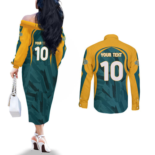 Personalized Wallabies Rugby Couples Matching Off The Shoulder Long Sleeve Dress and Long Sleeve Button Shirt Australian Wallaby Kangaroo Team Graphic