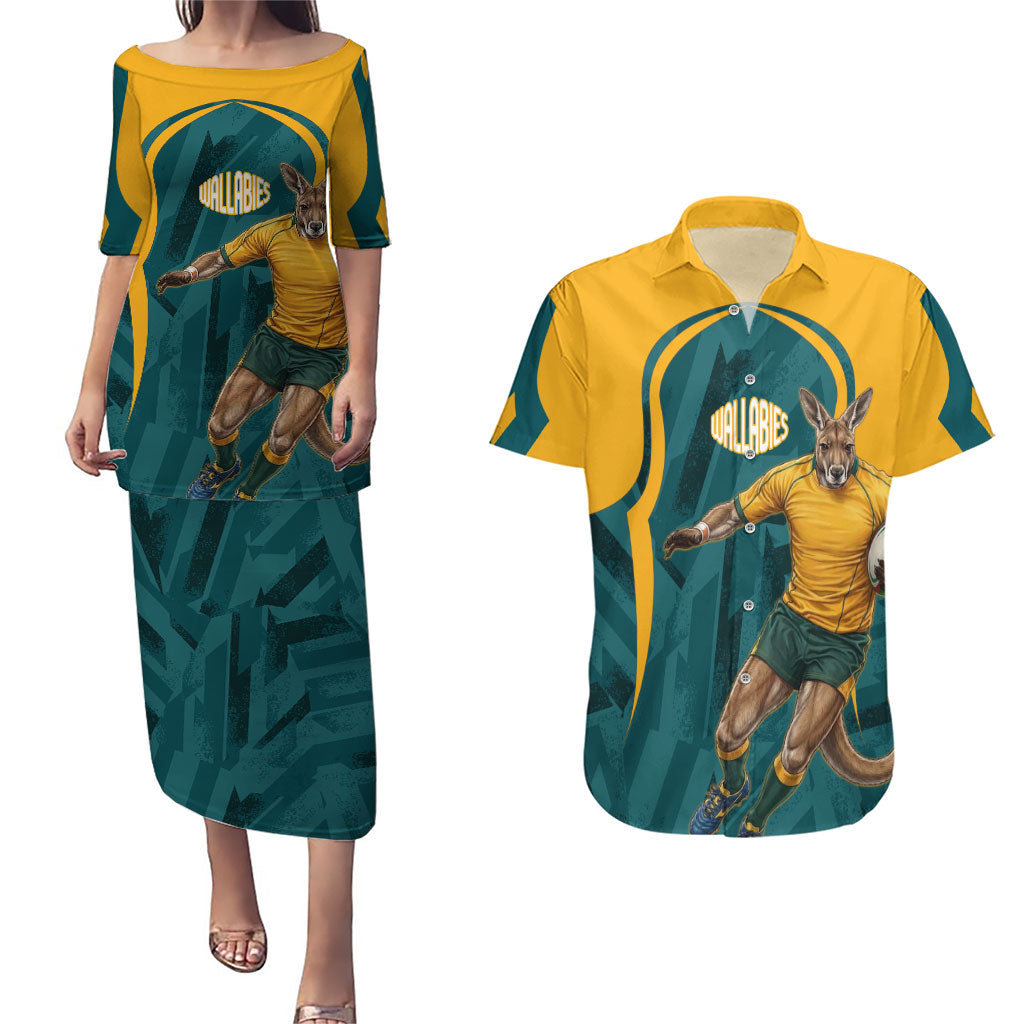 Personalized Wallabies Rugby Couples Matching Puletasi and Hawaiian Shirt Australian Wallaby Kangaroo Team Graphic