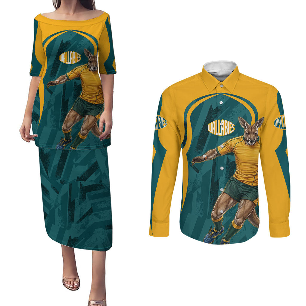 Personalized Wallabies Rugby Couples Matching Puletasi and Long Sleeve Button Shirt Australian Wallaby Kangaroo Team Graphic