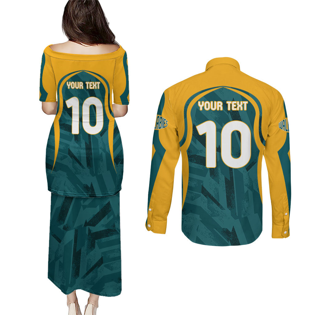 Personalized Wallabies Rugby Couples Matching Puletasi and Long Sleeve Button Shirt Australian Wallaby Kangaroo Team Graphic