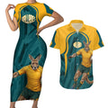 Personalized Wallabies Rugby Couples Matching Short Sleeve Bodycon Dress and Hawaiian Shirt Australian Wallaby Kangaroo Team Graphic