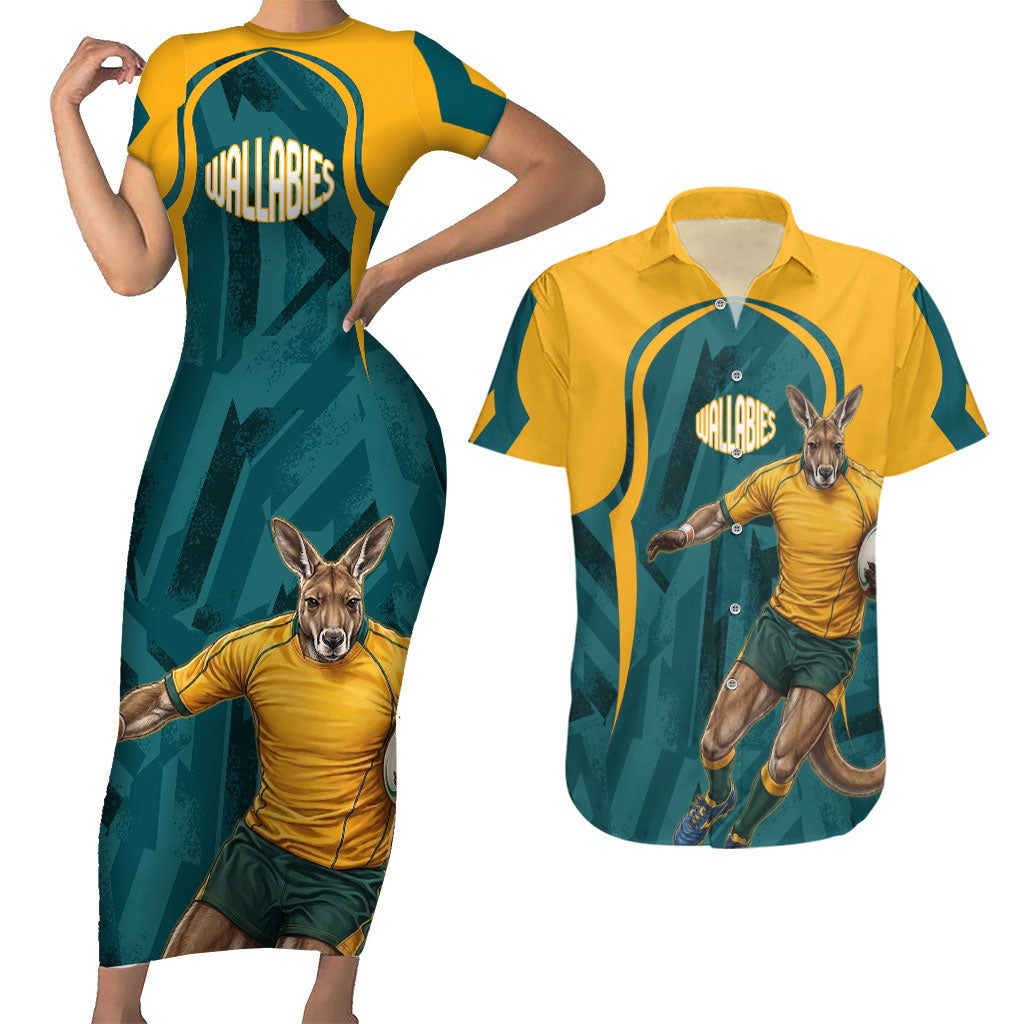 Personalized Wallabies Rugby Couples Matching Short Sleeve Bodycon Dress and Hawaiian Shirt Australian Wallaby Kangaroo Team Graphic
