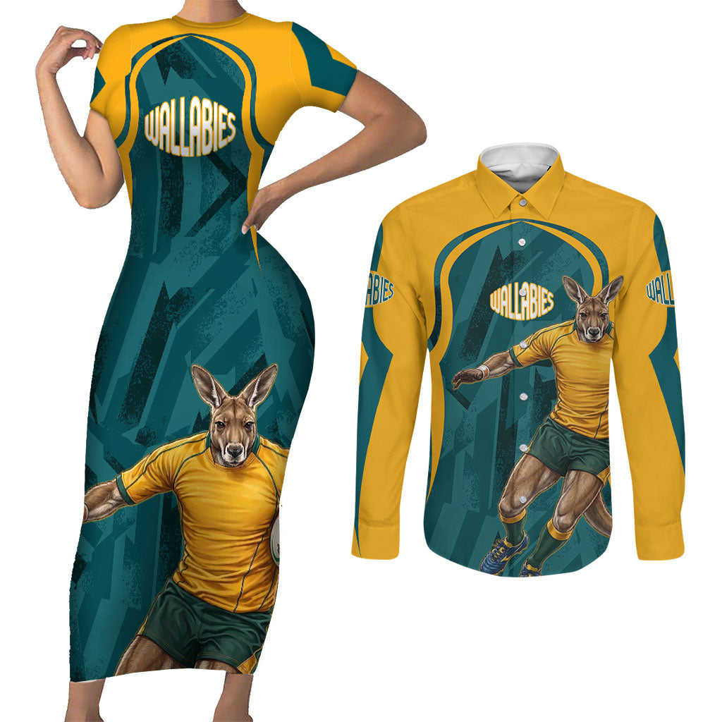 Personalized Wallabies Rugby Couples Matching Short Sleeve Bodycon Dress and Long Sleeve Button Shirt Australian Wallaby Kangaroo Team Graphic