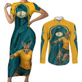 Personalized Wallabies Rugby Couples Matching Short Sleeve Bodycon Dress and Long Sleeve Button Shirt Australian Wallaby Kangaroo Team Graphic