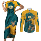 Personalized Wallabies Rugby Couples Matching Short Sleeve Bodycon Dress and Long Sleeve Button Shirt Australian Wallaby Kangaroo Team Graphic