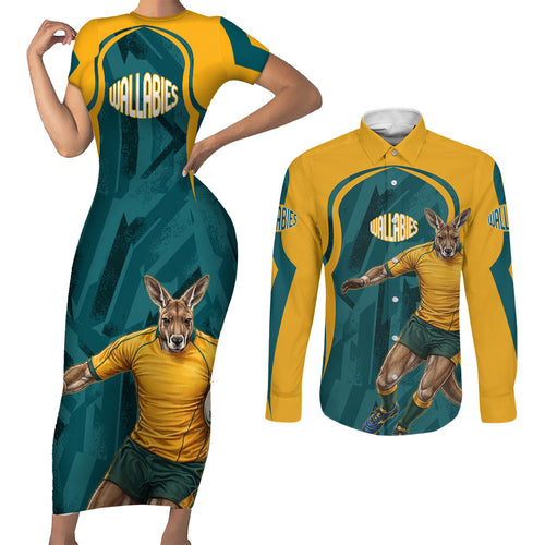 Personalized Wallabies Rugby Couples Matching Short Sleeve Bodycon Dress and Long Sleeve Button Shirt Australian Wallaby Kangaroo Team Graphic