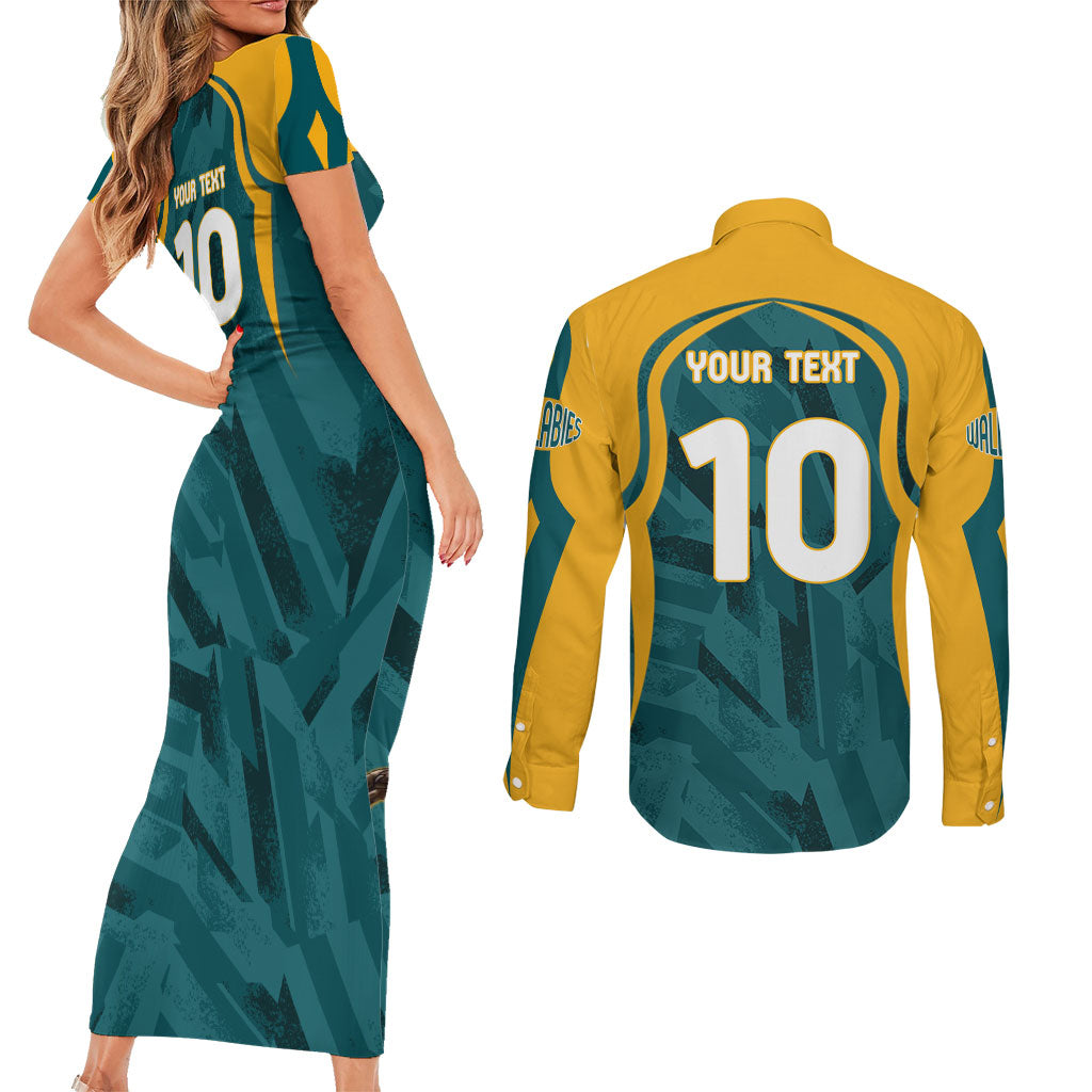 Personalized Wallabies Rugby Couples Matching Short Sleeve Bodycon Dress and Long Sleeve Button Shirt Australian Wallaby Kangaroo Team Graphic