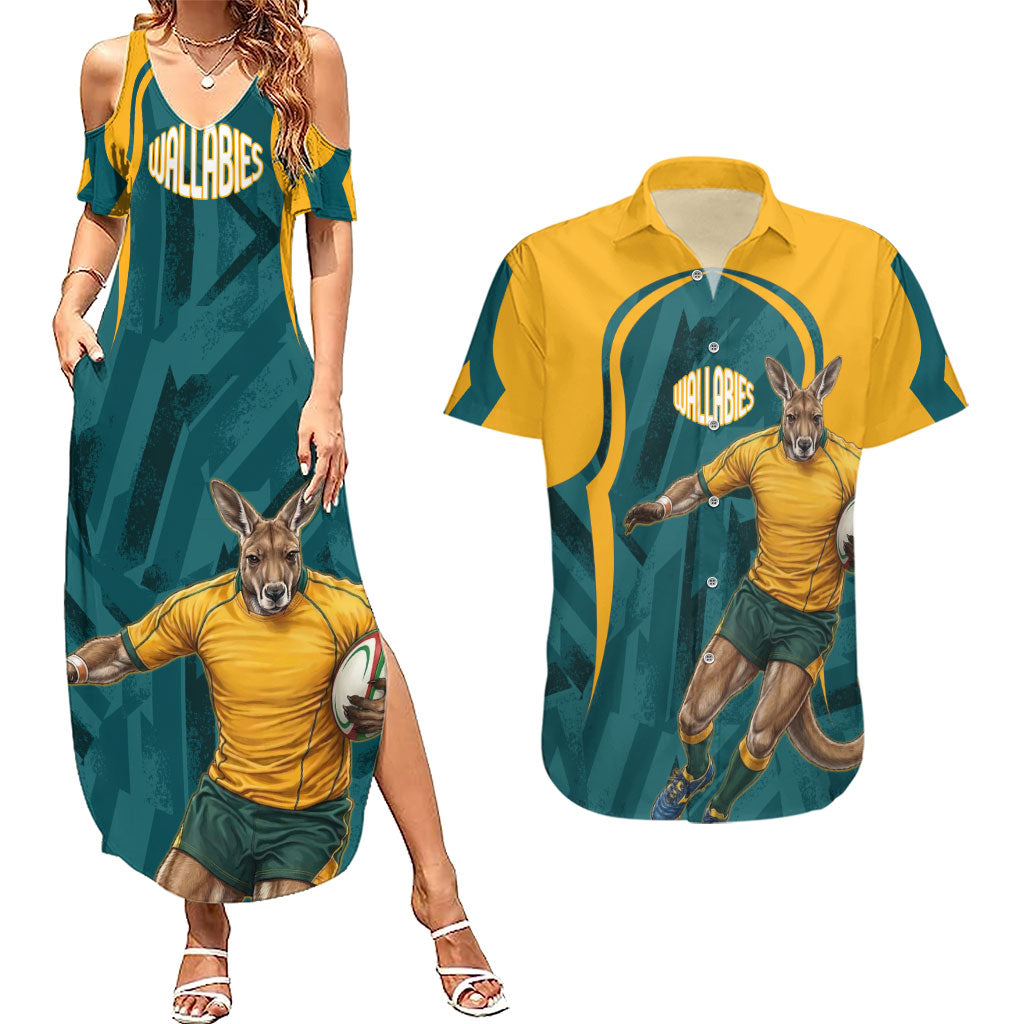 Personalized Wallabies Rugby Couples Matching Summer Maxi Dress and Hawaiian Shirt Australian Wallaby Kangaroo Team Graphic