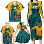 Personalized Wallabies Rugby Family Matching Long Sleeve Bodycon Dress and Hawaiian Shirt Australian Wallaby Kangaroo Team Graphic