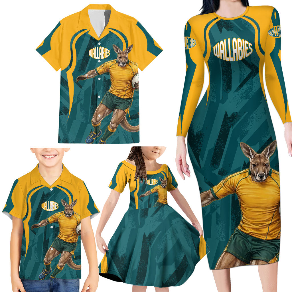 Personalized Wallabies Rugby Family Matching Long Sleeve Bodycon Dress and Hawaiian Shirt Australian Wallaby Kangaroo Team Graphic