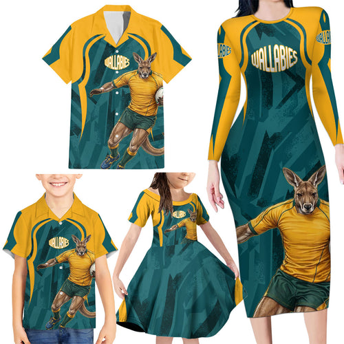 Personalized Wallabies Rugby Family Matching Long Sleeve Bodycon Dress and Hawaiian Shirt Australian Wallaby Kangaroo Team Graphic