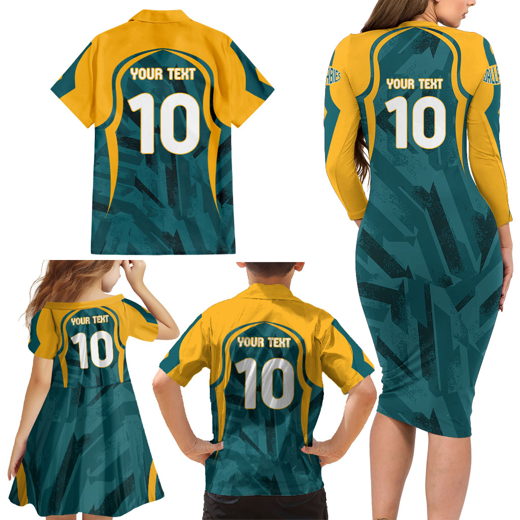 Personalized Wallabies Rugby Family Matching Long Sleeve Bodycon Dress and Hawaiian Shirt Australian Wallaby Kangaroo Team Graphic