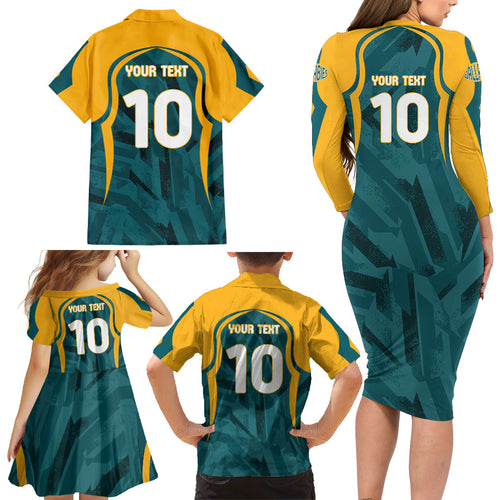 Personalized Wallabies Rugby Family Matching Long Sleeve Bodycon Dress and Hawaiian Shirt Australian Wallaby Kangaroo Team Graphic