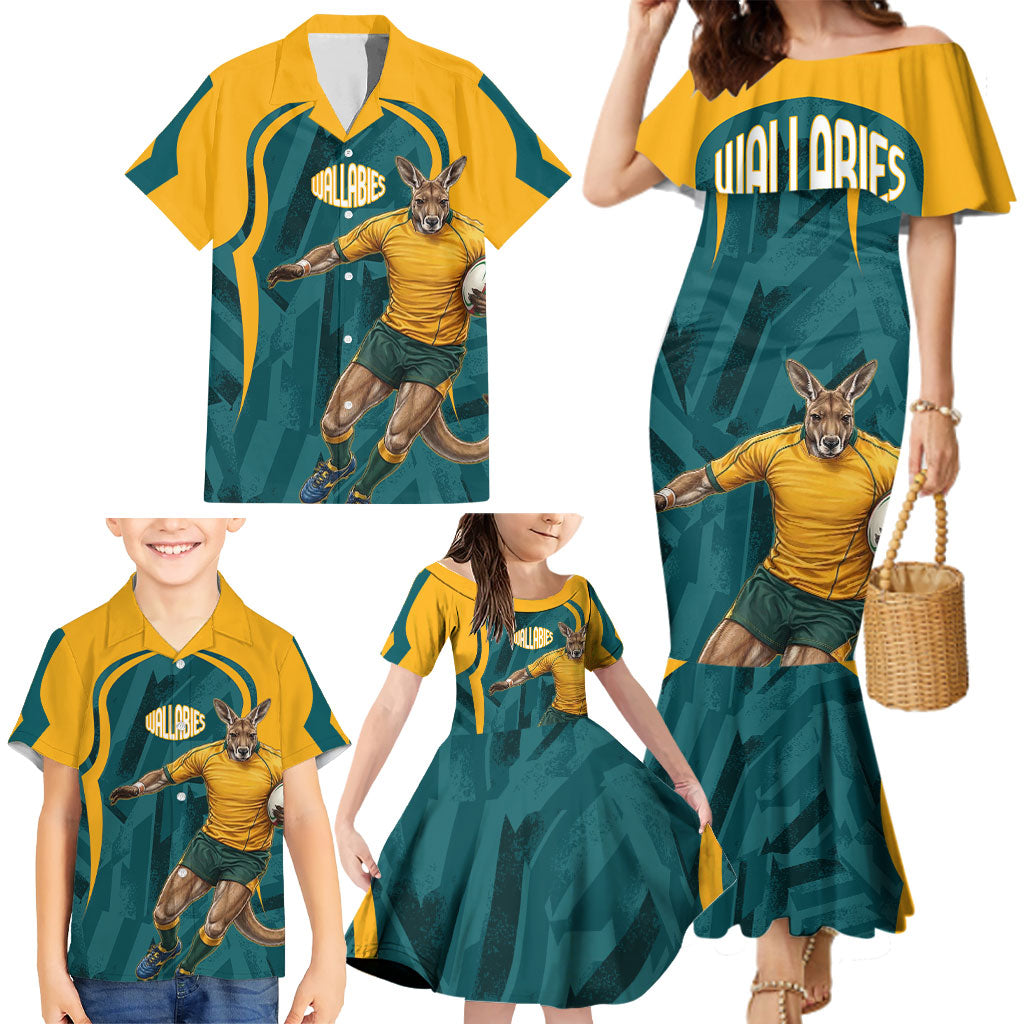 Personalized Wallabies Rugby Family Matching Mermaid Dress and Hawaiian Shirt Australian Wallaby Kangaroo Team Graphic
