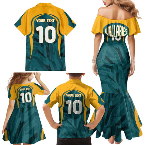 Personalized Wallabies Rugby Family Matching Mermaid Dress and Hawaiian Shirt Australian Wallaby Kangaroo Team Graphic