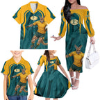 Personalized Wallabies Rugby Family Matching Off The Shoulder Long Sleeve Dress and Hawaiian Shirt Australian Wallaby Kangaroo Team Graphic