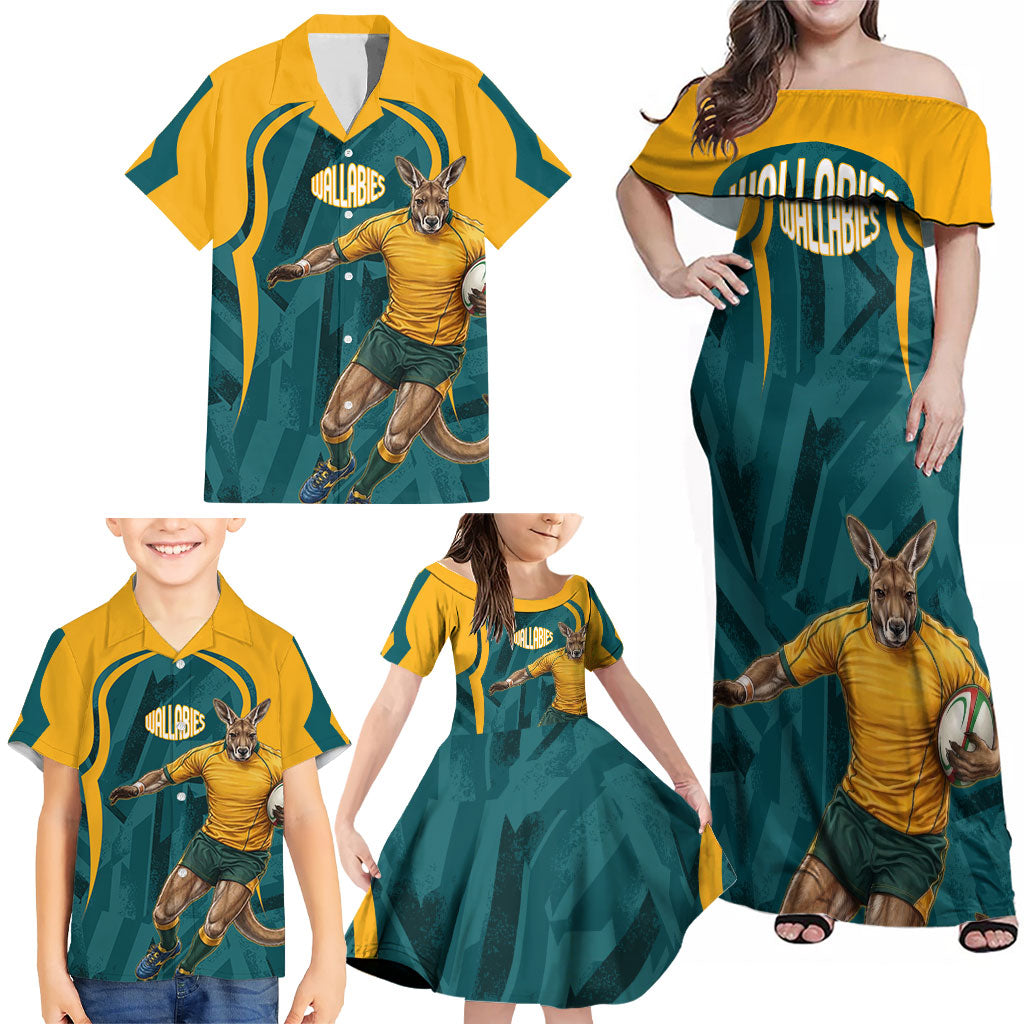 Personalized Wallabies Rugby Family Matching Off Shoulder Maxi Dress and Hawaiian Shirt Australian Wallaby Kangaroo Team Graphic