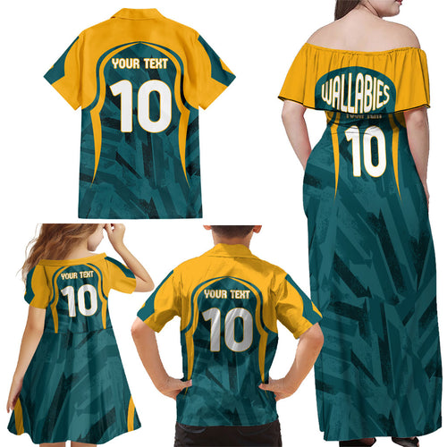 Personalized Wallabies Rugby Family Matching Off Shoulder Maxi Dress and Hawaiian Shirt Australian Wallaby Kangaroo Team Graphic