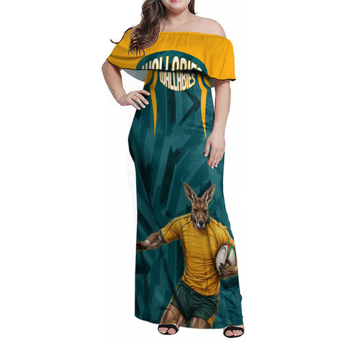 Personalized Wallabies Rugby Family Matching Off Shoulder Maxi Dress and Hawaiian Shirt Australian Wallaby Kangaroo Team Graphic