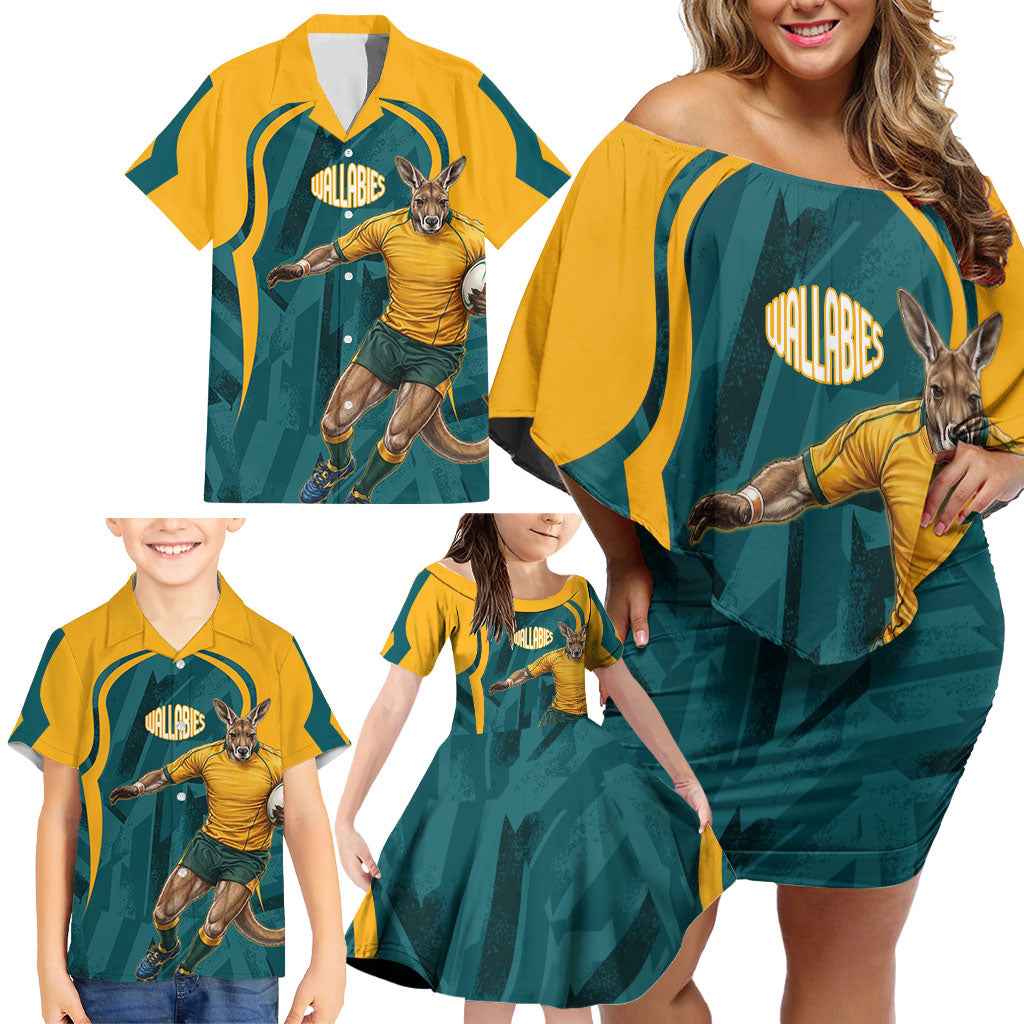 Personalized Wallabies Rugby Family Matching Off Shoulder Short Dress and Hawaiian Shirt Australian Wallaby Kangaroo Team Graphic