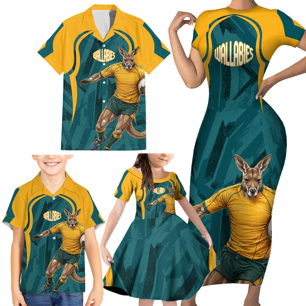 Personalized Wallabies Rugby Family Matching Short Sleeve Bodycon Dress and Hawaiian Shirt Australian Wallaby Kangaroo Team Graphic