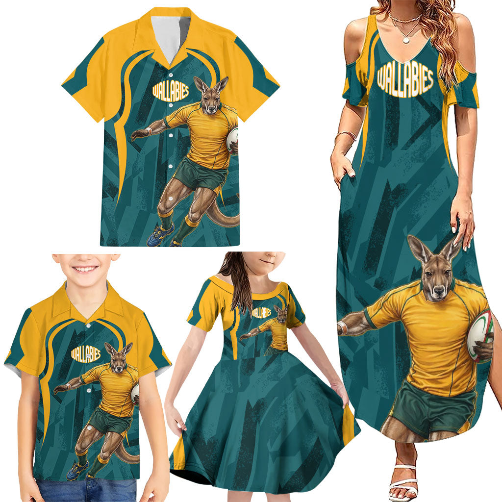 Personalized Wallabies Rugby Family Matching Summer Maxi Dress and Hawaiian Shirt Australian Wallaby Kangaroo Team Graphic