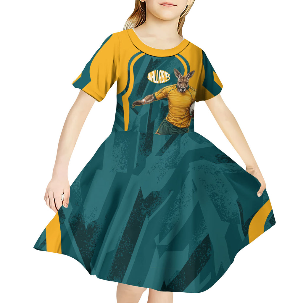 Personalized Wallabies Rugby Kid Short Sleeve Dress Australian Wallaby Kangaroo Team Graphic
