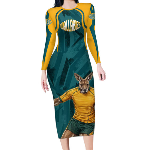 Personalized Wallabies Rugby Long Sleeve Bodycon Dress Australian Wallaby Kangaroo Team Graphic