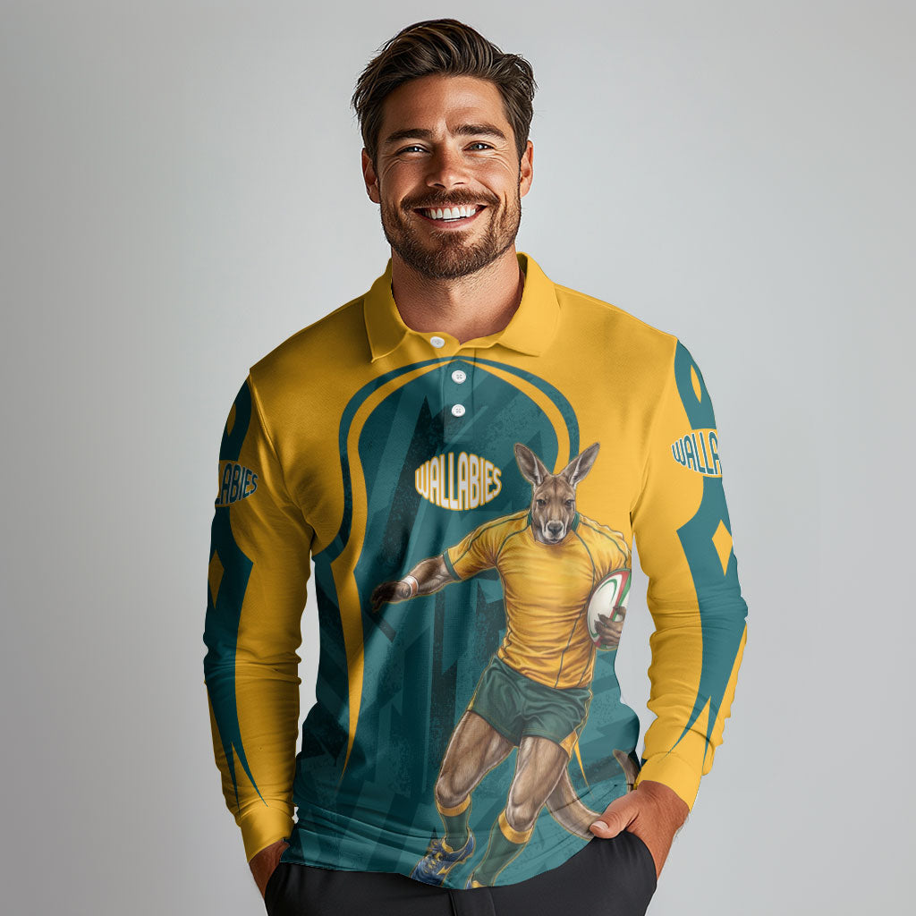Personalized Wallabies Rugby Long Sleeve Polo Shirt Australian Wallaby Kangaroo Team Graphic
