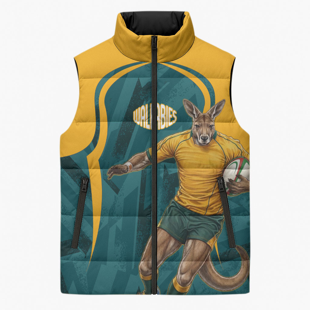 Personalized Wallabies Rugby Sleeveless Puffer Jacket Australian Wallaby Kangaroo Team Graphic