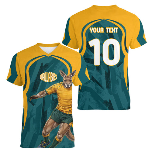 Personalized Wallabies Rugby Women V-Neck T-Shirt Australian Wallaby Kangaroo Team Graphic