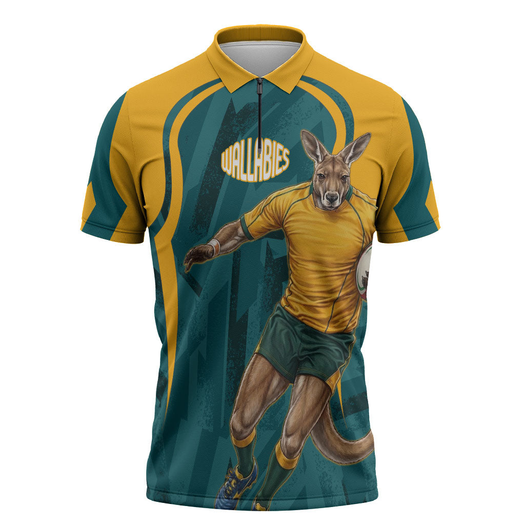 Personalized Wallabies Rugby Zipper Polo Shirt Australian Wallaby Kangaroo Team Graphic